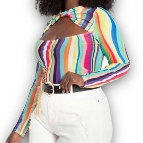 Eloquii NWT Mesh Rainbow Striped Long Sleeve‎ Blouse Cut Out Twist Neck 22/24 - Picture 1 of 16